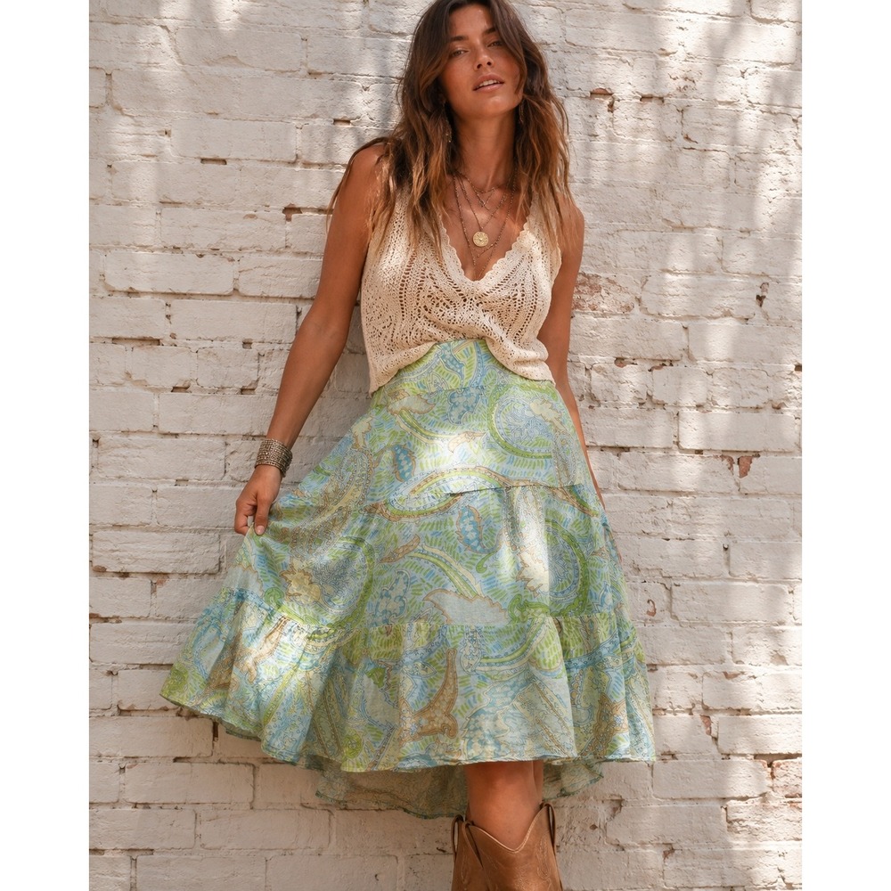 Vintage Nine & Co Blue Cotton Paisley Tiered Midi Skirt Y2K Boho 12